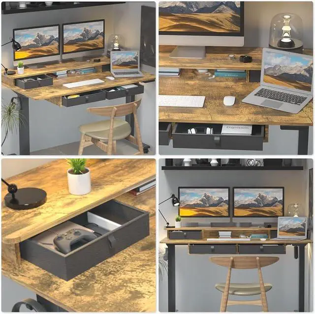 Alt view image 7 of 7 - 55 * 30 Inches Electric Standing Widened Desk Adjustable Height with 4 Drawers, Double Storage Shelves Stand Up Desk, Home Office Workstation Sit Stand up Desk (Rustic Brown)