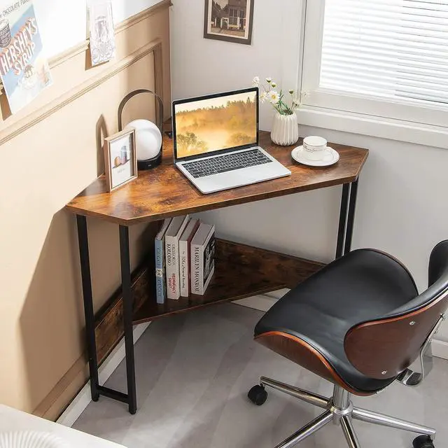 Alt view image 2 of 7 - GOFLAME Corner Desk with Power Outlet, Triangle Computer Desk for Small Space, Space-Saving Writing Desk with Storage Shelf and Charging Station, Modern Laptop PC Desk for Home Office, Rustic Brown