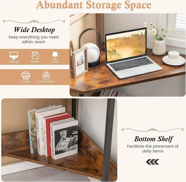 Alt view image 4 of 7 - GOFLAME Corner Desk with Power Outlet, Triangle Computer Desk for Small Space, Space-Saving Writing Desk with Storage Shelf and Charging Station, Modern Laptop PC Desk for Home Office, Rustic Brown