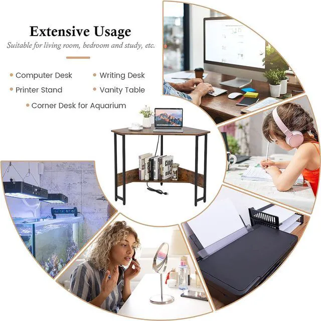 Alt view image 7 of 7 - GOFLAME Corner Desk with Power Outlet, Triangle Computer Desk for Small Space, Space-Saving Writing Desk with Storage Shelf and Charging Station, Modern Laptop PC Desk for Home Office, Rustic Brown
