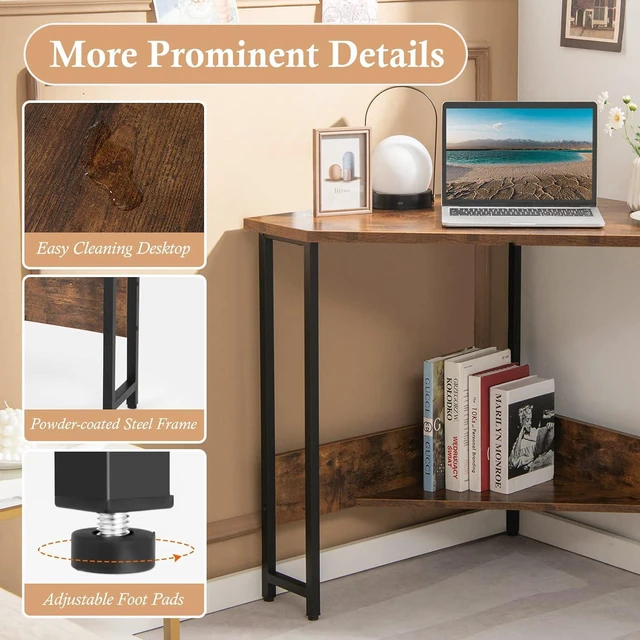 Alt view image 6 of 7 - GOFLAME Corner Desk with Power Outlet, Triangle Computer Desk for Small Space, Space-Saving Writing Desk with Storage Shelf and Charging Station, Modern Laptop PC Desk for Home Office, Rustic Brown