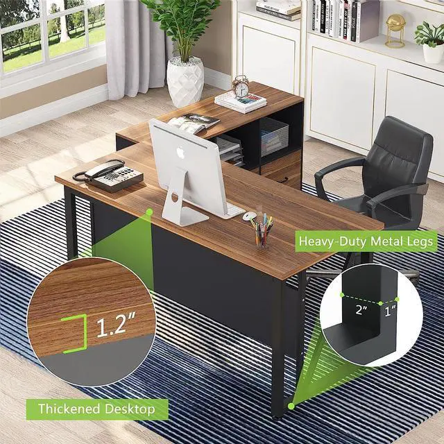 Alt view image 2 of 7 - Tribesigns 55 inches Executive Desk and 43" lateral File Cabinet, L-Shaped Computer Desk Home Office Furniture with Drawers and Storage Shelves, Office Table with Cabinet (Walnut, 55)
