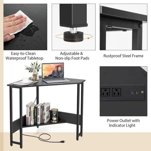 Alt view image 7 of 7 - Tangkula Corner Desk with Power Outlet & USB Ports, Triangle Computer Desk with Charging Station, Storage Shelf, Space Saving Writing Desk, Vanity Table, Corner Desk for Small Space (Black)