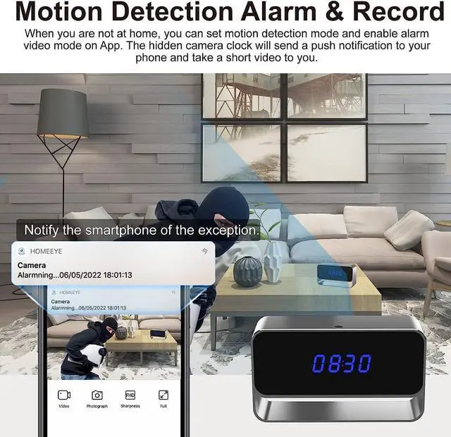 Alt view image 5 of 6 - Hidden Camera Clock FHD 1080P WiFi Spy Camera Mini Wireless Nanny Cam Indoor Home Office Security Night Vision Motion Detection