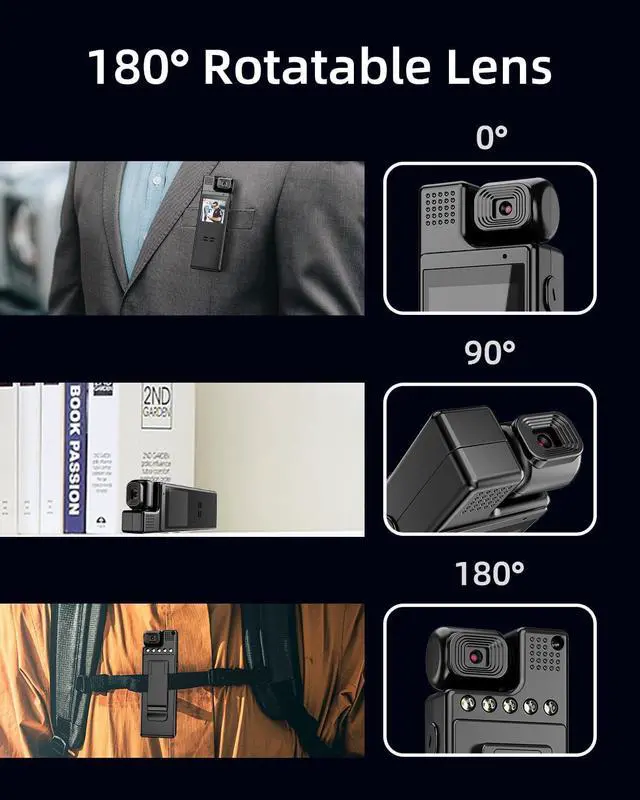 Alt view image 2 of 7 - 64G Body Camera with Video Recording, 1080P HD Police Body Worn Cam with 180° Rotatable Lens, Night Vision, and 6 Hours Battery Life for Daily Records, Delivery/Serving Jobs