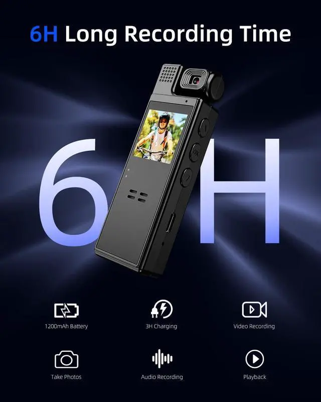 Alt view image 4 of 7 - 64G Body Camera with Video Recording, 1080P HD Police Body Worn Cam with 180° Rotatable Lens, Night Vision, and 6 Hours Battery Life for Daily Records, Delivery/Serving Jobs