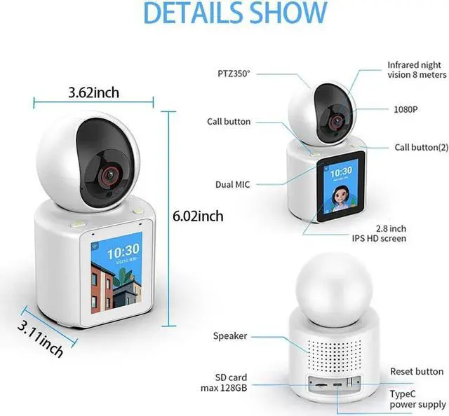 Alt view image 5 of 5 - Two-Way Video Camera 2.8-inch Screen,Pet Camera,Dog Camera,Indoor Home Nanny Camera,Baby/Elder/Nanny/Dog/Pet Camera with Phone App(Im Cam),360°Smart Security Camera,1080p HD