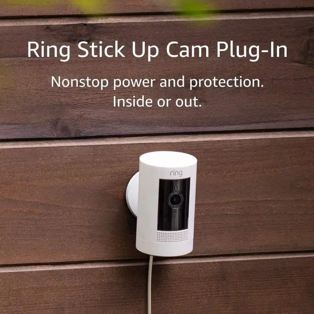 Main image of Ring Stick Up Cam Plug-In | Weather-Resistant Outdoor Camera, Live View, Color Night Vision, Two-way Talk, Motion alerts, Works with Alexa | White