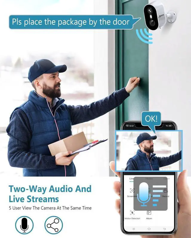 Alt view image 4 of 7 - 2K Security Cameras Wireless Outdoor, 3MP AI Motion Detection & Color Night Vision Home Security Cameras, Two-Way Talk, Spotlight Siren Alarm, Work with Alexa, Battery Powered, IP65