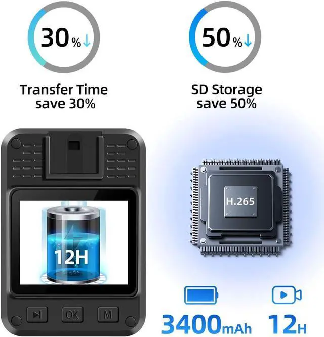 Alt view image 3 of 6 - CAMMHD F6-64GB 4K Body Camera, 3400mAh Battery Work 12-14Hours,Waterproof IP 68 Body Cameras with Audio and Video Recording H.265 Video Code Police Body Cam for Law Enforcement