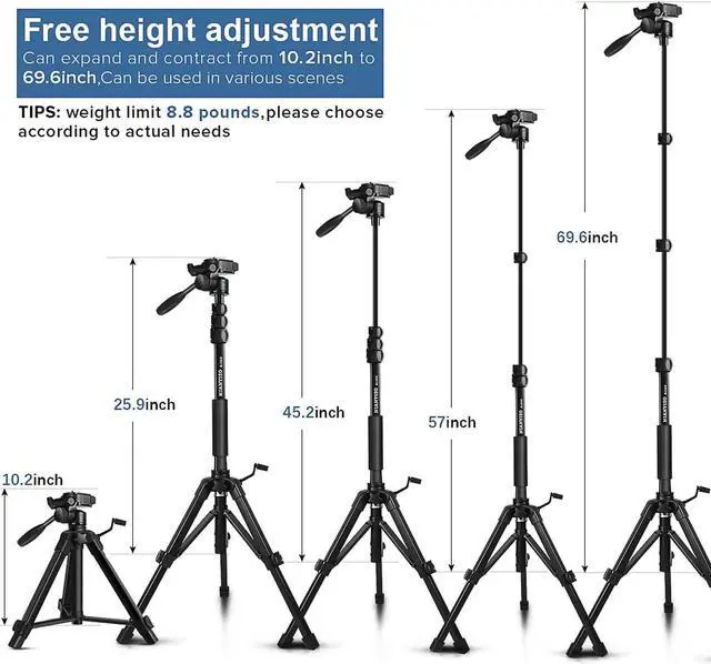 Alt view image 7 of 7 - Camera Tripod 69 Inch, Patented 3-Way Swivel Portable Phone Tripod Professional Aluminum Alloy Travel Phone Camera Stand Monopod for Canon Nikon GoPro DSLR, DV Video Camcorder, Smartphone Black