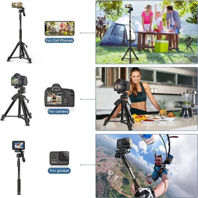 Alt view image 2 of 7 - Camera Tripod 69 Inch, Patented 3-Way Swivel Portable Phone Tripod Professional Aluminum Alloy Travel Phone Camera Stand Monopod for Canon Nikon GoPro DSLR, DV Video Camcorder, Smartphone Black