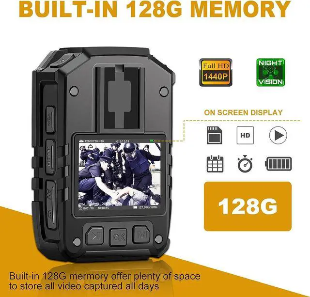 Alt view image 2 of 6 - CammPro 1440P Police Body Camera,128G Memory,Waterproof Body Worn Camera,Premium Portable Body Camera with Audio Recording Wearable,Night Vision,GPS for Law Enforcement