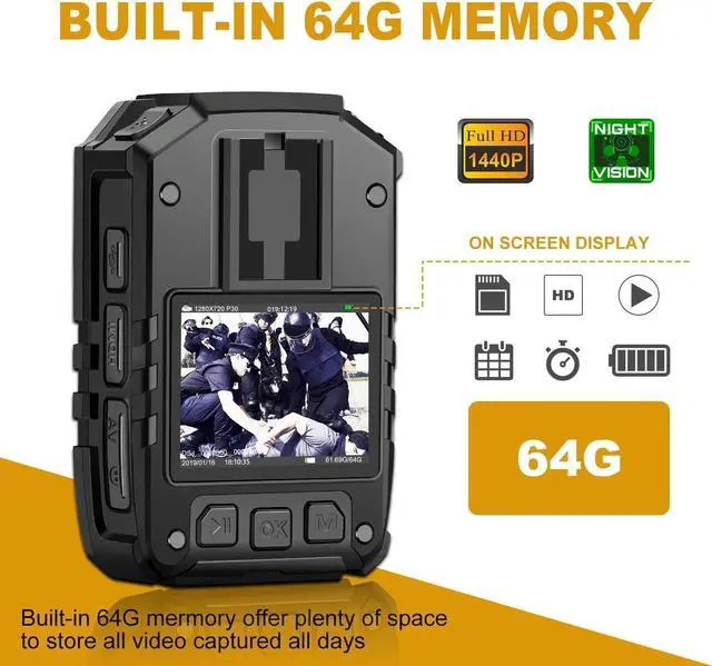 Alt view image 2 of 7 - CammPro I826 1440P HD Police Body Camera,64G Memory,Waterproof Body Worn Camera,Premium Portable Body Camera with Audio Recording Wearable,Night Vision,GPS for Law Enforcement