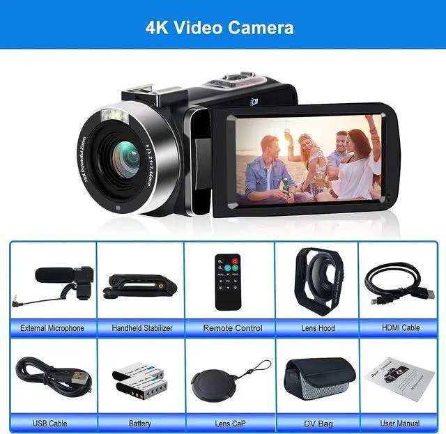 Alt view image 7 of 7 - 4K Video Camera, Camcorder 48MP Ultra HD WiFi Vlogging Camera for YouTube 18X Zoom 3.0" Touch Screen Digital Camera with Microphone, Stabilizer, Lens Hood, Remote, 2 Batteries
