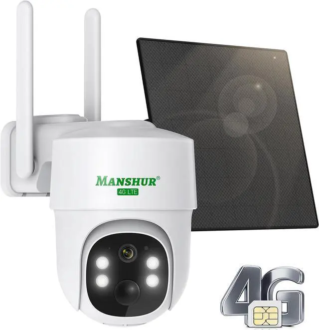 Main image of Manshur® 4G LTE Cellular Security Camera Outdoor Wireless, Cameras Without WiFi Needed 360°PTZ 2K/3MP Color Night Vision, 2 Way Talk, PIR Motion Detection, Spotlight, No WiFi Supported, IP66, Cloud/SD