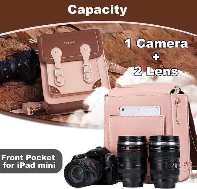 Alt view image 2 of 7 - Cwatcun Camera Bag, Retro Camera Crossbody Case, Vintage PU Leather Waterproof Camera Handbag, Lightweight Camera Backpack for Women, Compatible with Canon/Nikon/Sony SLR/DSLR Mirrorless Camera, Lens