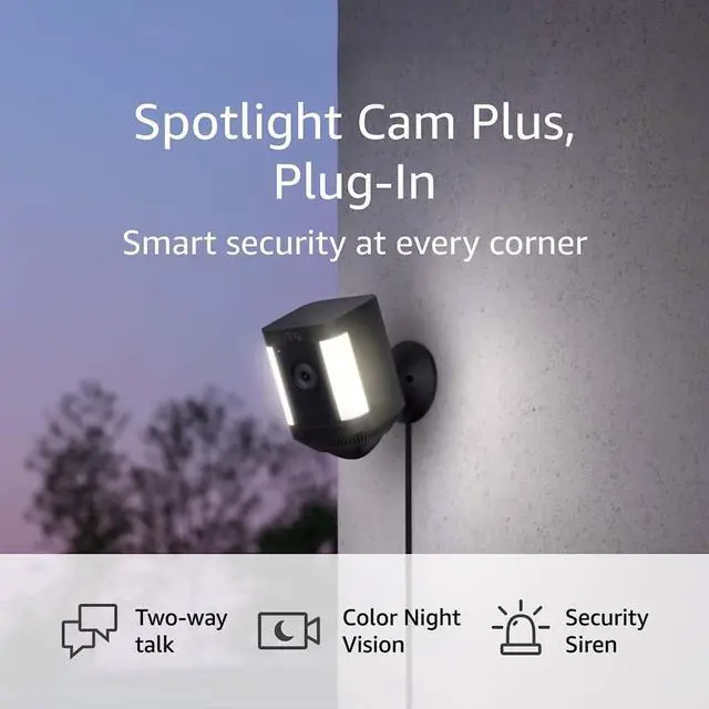 Main image of Ring Spotlight Cam Plus, Plug-in | Two-Way Talk, Color Night Vision, and Security Siren (2022 release) - Black