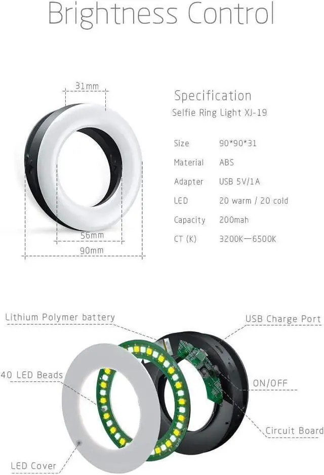 Alt view image 2 of 2 - XINBAOHONG Selfie Ring Light Rechargeable Portable Clip-on Selfie Fill Light with 40 LED for Smart Phone Photography, Camera Video, Girl Makes up