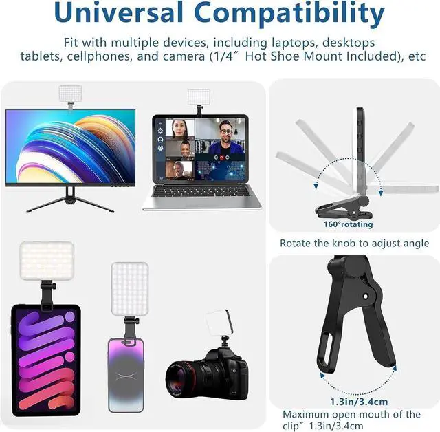 Alt view image 2 of 6 - 60 LED Portable Selfie Light Video Conference Lighting with Clip & Camera Tripod Adapter Rechargeable 2200mAh CRI 97+ 3 Light Modes for Phone iPhone Webcam Laptop Photo Makeup