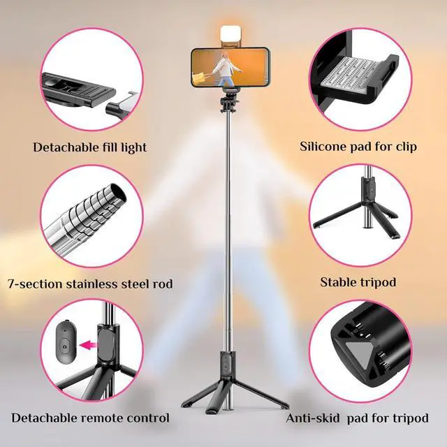 Alt view image 3 of 7 - Selfie Stick Tripod with Fill Light, All in One Extendable Selfie Stick with Detachable Wireless Remote, Flexible Phone Tripod Stand Compatible with iPhone/Galaxy, Compact Size & Lightweight