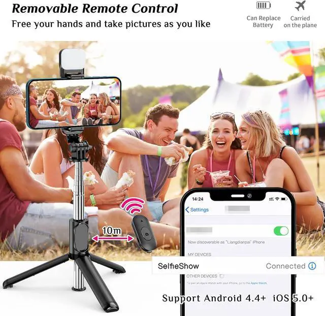 Alt view image 4 of 7 - Selfie Stick Tripod with Fill Light, All in One Extendable Selfie Stick with Detachable Wireless Remote, Flexible Phone Tripod Stand Compatible with iPhone/Galaxy, Compact Size & Lightweight