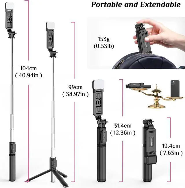 Alt view image 5 of 7 - Selfie Stick Tripod with Fill Light, All in One Extendable Selfie Stick with Detachable Wireless Remote, Flexible Phone Tripod Stand Compatible with iPhone/Galaxy, Compact Size & Lightweight