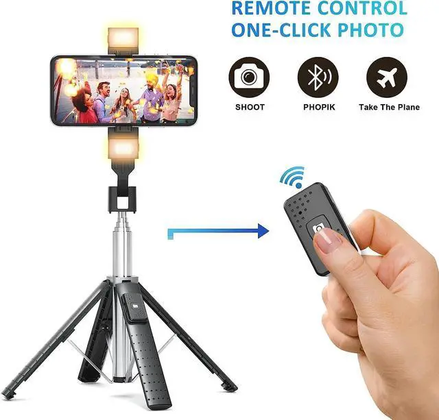 Alt view image 3 of 7 - 41 Selfie Stick Tripod Quadrapod with 2 Rechargeable Fill Light, Extendable Tripod with Bluetooth Remote, Stainless Steel, 3 Light Modes, 9 Brightness Levels, Compatible for All iPhone & Android