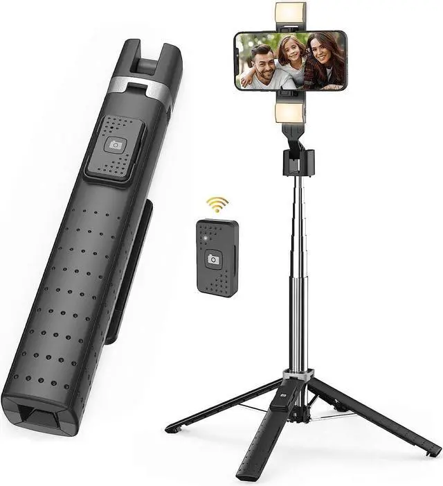 Alt view image 5 of 7 - 41 Selfie Stick Tripod Quadrapod with 2 Rechargeable Fill Light, Extendable Tripod with Bluetooth Remote, Stainless Steel, 3 Light Modes, 9 Brightness Levels, Compatible for All iPhone & Android