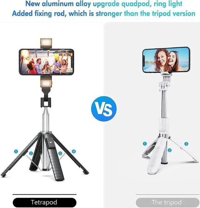 Alt view image 6 of 7 - 41 Selfie Stick Tripod Quadrapod with 2 Rechargeable Fill Light, Extendable Tripod with Bluetooth Remote, Stainless Steel, 3 Light Modes, 9 Brightness Levels, Compatible for All iPhone & Android