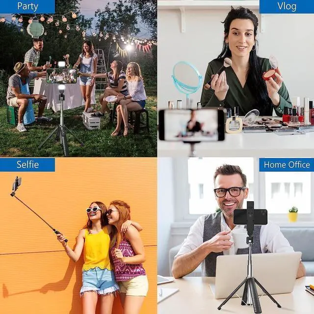 Alt view image 7 of 7 - 41 Selfie Stick Tripod Quadrapod with 2 Rechargeable Fill Light, Extendable Tripod with Bluetooth Remote, Stainless Steel, 3 Light Modes, 9 Brightness Levels, Compatible for All iPhone & Android
