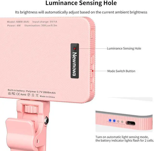 Alt view image 2 of 7 - Newmowa Pink Rechargeable Selfie Light - Portable Clip on Video Light for Phone/Laptop/Camera with Smart Light Sensor,3 Light Mode,2000mAh Battery Phone Light for Selfie/Makeup/Video Conference/TikTok