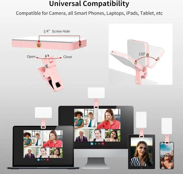 Alt view image 3 of 7 - Newmowa Pink Rechargeable Selfie Light - Portable Clip on Video Light for Phone/Laptop/Camera with Smart Light Sensor,3 Light Mode,2000mAh Battery Phone Light for Selfie/Makeup/Video Conference/TikTok