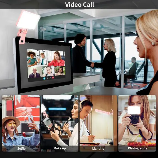 Alt view image 4 of 7 - Newmowa Pink Rechargeable Selfie Light - Portable Clip on Video Light for Phone/Laptop/Camera with Smart Light Sensor,3 Light Mode,2000mAh Battery Phone Light for Selfie/Makeup/Video Conference/TikTok