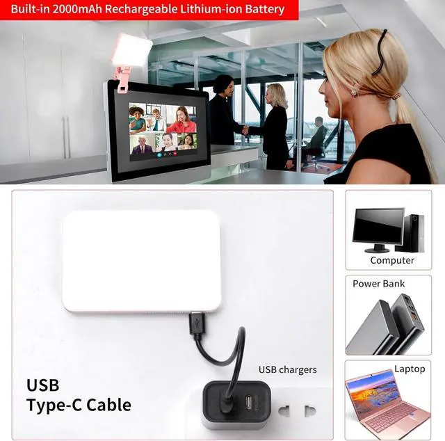 Alt view image 5 of 7 - Newmowa Pink Rechargeable Selfie Light - Portable Clip on Video Light for Phone/Laptop/Camera with Smart Light Sensor,3 Light Mode,2000mAh Battery Phone Light for Selfie/Makeup/Video Conference/TikTok