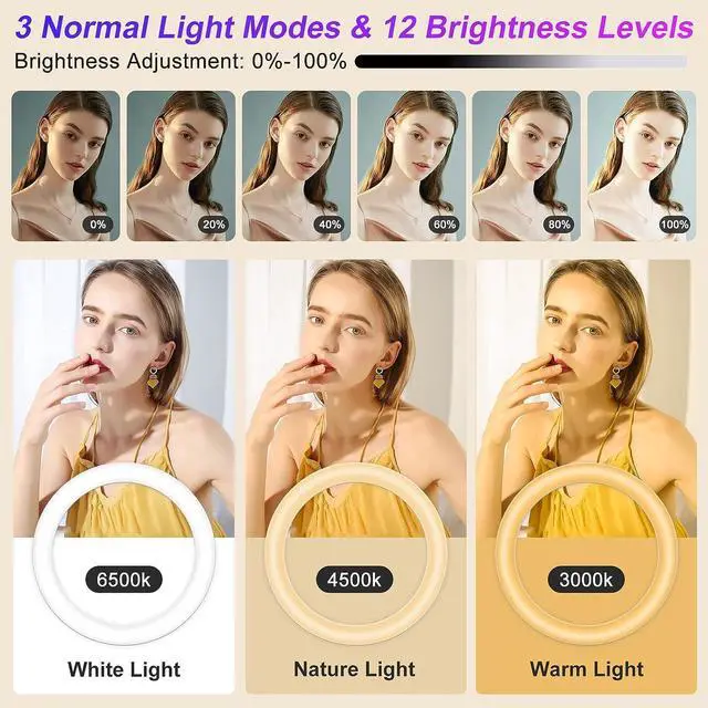 Alt view image 2 of 7 - 12.3" Ring Light with Stand 75 Tall and 2 Phone Holder, Ring Light Tripod for iPhone with 3 CCT Mode & 29 Color Modes, Remote Shutter, Desk Tripod, Great for Live Stream/Makeup/YouTube/TikTok