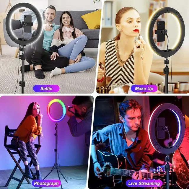 Alt view image 6 of 7 - 12.3" Ring Light with Stand 75 Tall and 2 Phone Holder, Ring Light Tripod for iPhone with 3 CCT Mode & 29 Color Modes, Remote Shutter, Desk Tripod, Great for Live Stream/Makeup/YouTube/TikTok