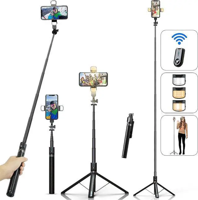 Main image of Selfie Stick Phone Tripod with Remote and LED Fill Lights - ASHINER 70 inch Heigh Cell Phone Holder for Travel, Vlogging, Live Streaming Video and Photos,Phone Stand Compatible with iPhone and Android