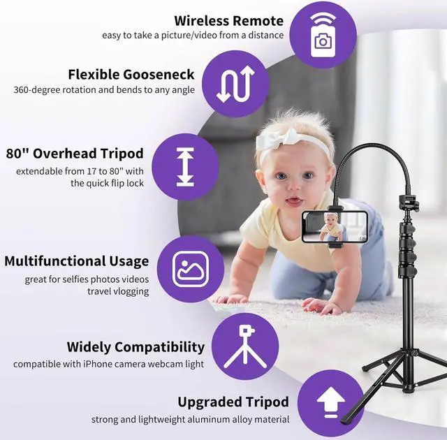 Alt view image 5 of 7 - 80" Phone Tripod, Selfie Stick Cellphone Tripod, Aluminum Tripod Stand for Video Photo Vlog, Travel Phone Tripods with Gooseneck Remote Phone Holder, Compatible with iPhone Android Smartphone
