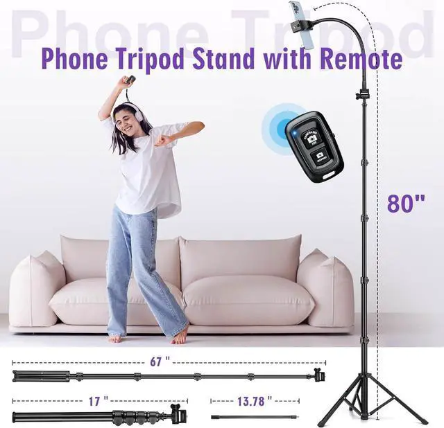 Alt view image 6 of 7 - 80" Phone Tripod, Selfie Stick Cellphone Tripod, Aluminum Tripod Stand for Video Photo Vlog, Travel Phone Tripods with Gooseneck Remote Phone Holder, Compatible with iPhone Android Smartphone