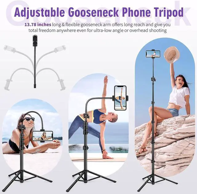 Alt view image 2 of 7 - 80" Phone Tripod, Selfie Stick Cellphone Tripod, Aluminum Tripod Stand for Video Photo Vlog, Travel Phone Tripods with Gooseneck Remote Phone Holder, Compatible with iPhone Android Smartphone
