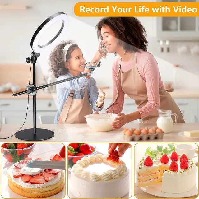 Alt view image 2 of 7 - Selfie Ring Light with Stand and Phone Holder,Overhead Phone Mount with 10.5" Ring Lights,Desk Circle Light with Tripod Adjustable Shooting Arm for Video Recording,YouTube,TikTok,Live Streaming