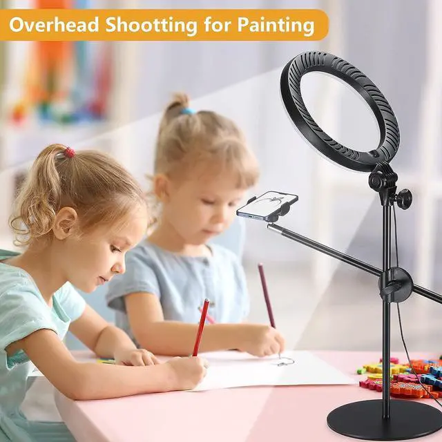 Alt view image 3 of 7 - Selfie Ring Light with Stand and Phone Holder,Overhead Phone Mount with 10.5" Ring Lights,Desk Circle Light with Tripod Adjustable Shooting Arm for Video Recording,YouTube,TikTok,Live Streaming