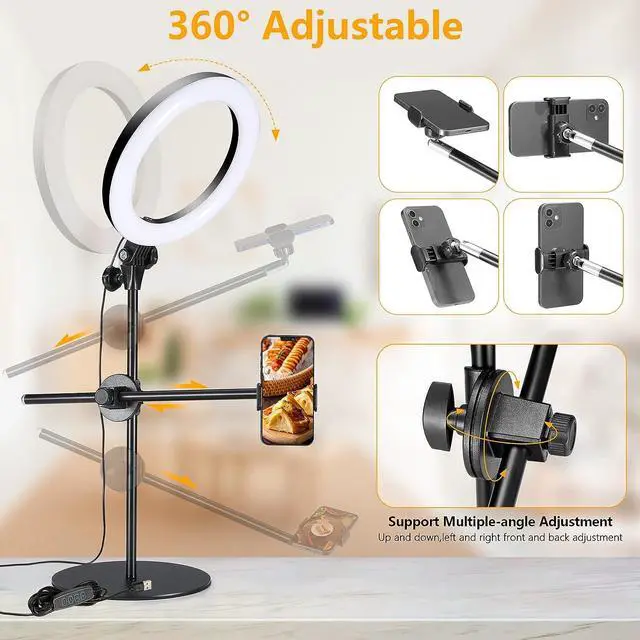 Alt view image 5 of 7 - Selfie Ring Light with Stand and Phone Holder,Overhead Phone Mount with 10.5" Ring Lights,Desk Circle Light with Tripod Adjustable Shooting Arm for Video Recording,YouTube,TikTok,Live Streaming