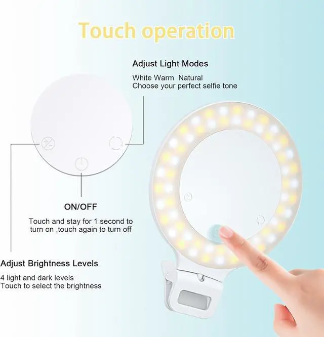 Alt view image 2 of 6 - Selfie Ring Light, Clip on Ring Light Touch Control, Rechargeable 800mAh 60 LED Circle Light with 3 Light Modes for iPhone/Android Smart Phone Laptop Photography, Camera Video Recording, Vlog, TikTok