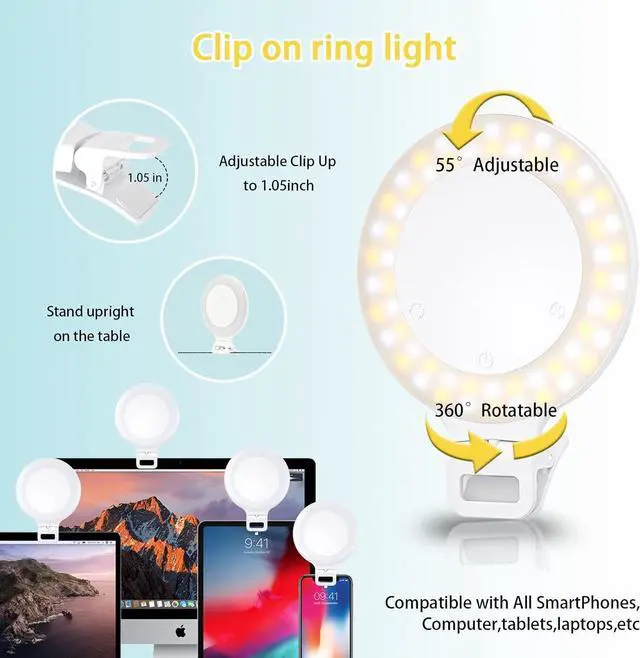 Alt view image 3 of 6 - Selfie Ring Light, Clip on Ring Light Touch Control, Rechargeable 800mAh 60 LED Circle Light with 3 Light Modes for iPhone/Android Smart Phone Laptop Photography, Camera Video Recording, Vlog, TikTok
