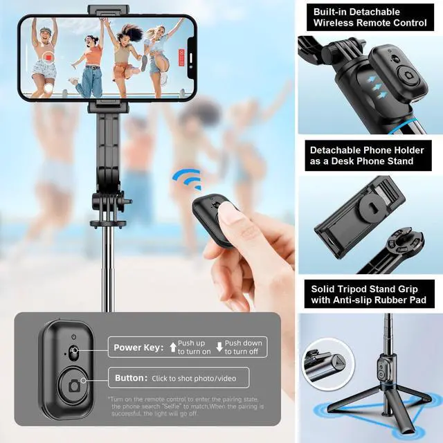 Alt view image 3 of 6 - Selfie Stick with Tripod Stand and Remote - 42" Extendable Selfie Stick for iPhone 15 14 13 12 Pro Max Android Galaxy S23 S22 Portable Selfie Phone Holder iPhone Stick for Video Recording