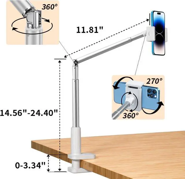 Alt view image 3 of 7 - yAyusi Overhead Phone Mount for Recording,Phone Stand for Recording Overhead,Articulating Arm Cell Phone Holder with LED Ring Light,Desk/Bedside Tripod for YouTube Live Stream Cooking Video Recording