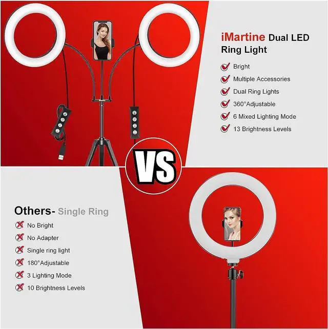 Alt view image 3 of 6 - Dual 8 Ring Light with Stand (Equals One 14 Ring Light) LED Light Ring for Vlog/Makeup/YouTube/Video Shooting Remote Shutter Compatible with iPhone & Android