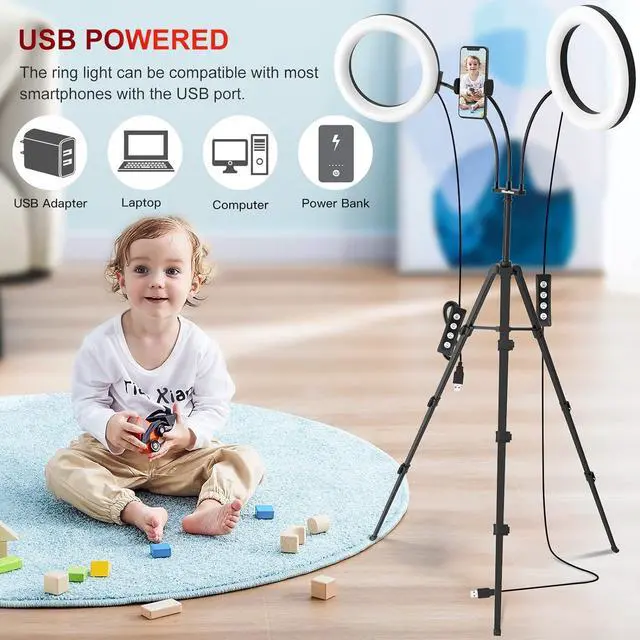 Alt view image 5 of 6 - Dual 8 Ring Light with Stand (Equals One 14 Ring Light) LED Light Ring for Vlog/Makeup/YouTube/Video Shooting Remote Shutter Compatible with iPhone & Android